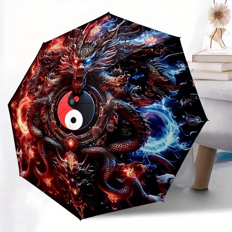1pc Fire and Ice Yin Yang Dragons Fully Automatic Folding Portable Umbrella, 8 Iron Frames, Three-Fold Design, Suitable for All Seasons, Suitable