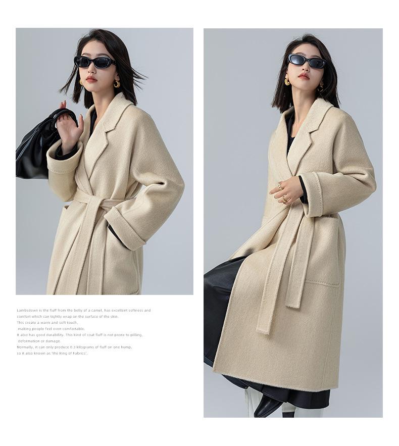 Petite Women's Mid-Length Camel Wool Coat - Loose Double-Faced Cashmere with Tie-Waist for Autumn and Winter.
