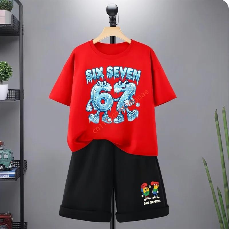 67 Çocuk Tişört 3-12 Yaş Yaz Altı Yedi Baskılı Kısa Kollu Sevimli Komik Moda Erkek Kız Bebek Üst+Şort 2 Parça Günlük Set