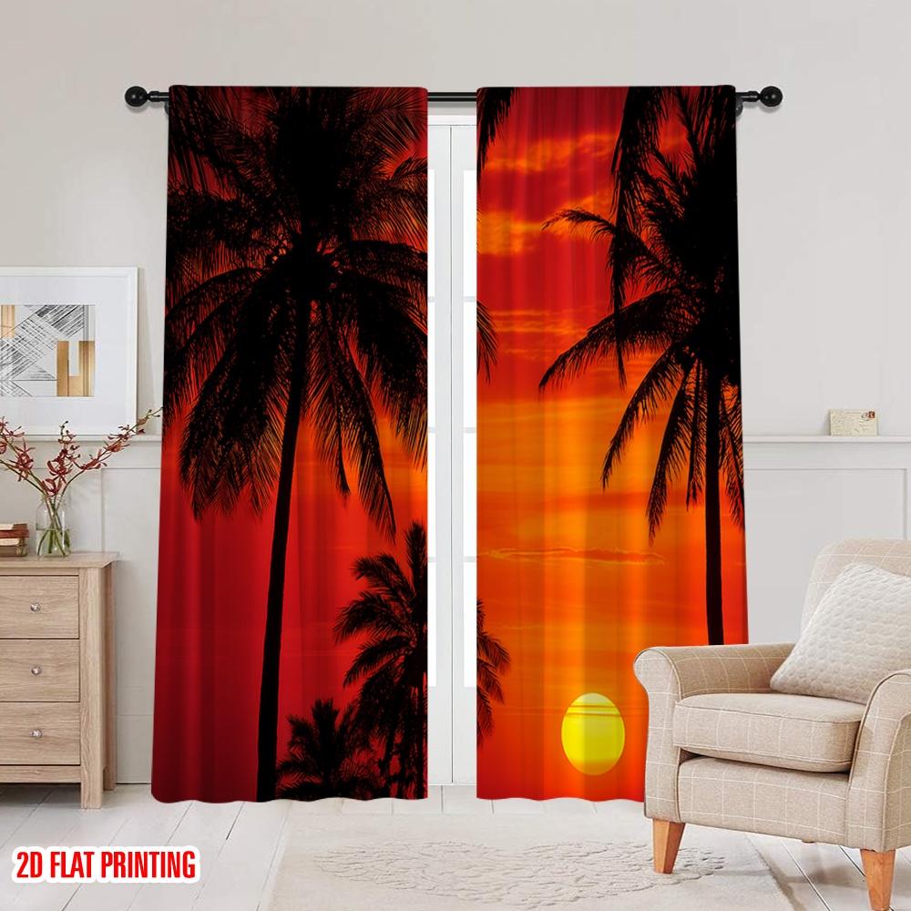 2pcs,2D plane printing Pattern Curtains Tropical Twilight 100% Polyester (without rod) Holiday Use for Bedroom, Living Room,