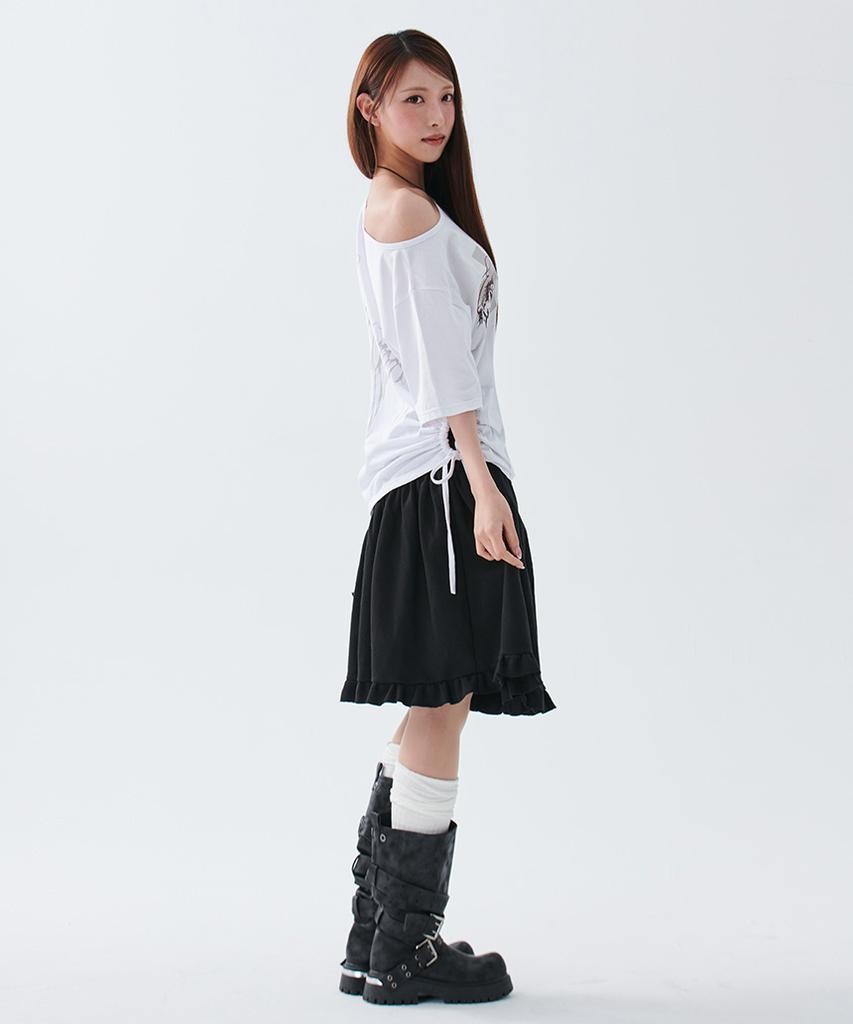 ESCAPEFROM [Escf X Hot Today] Cross Angel Print Side Shirring Detail Loose Fit One-Shoulder Short Sleeve T-Shirt White
