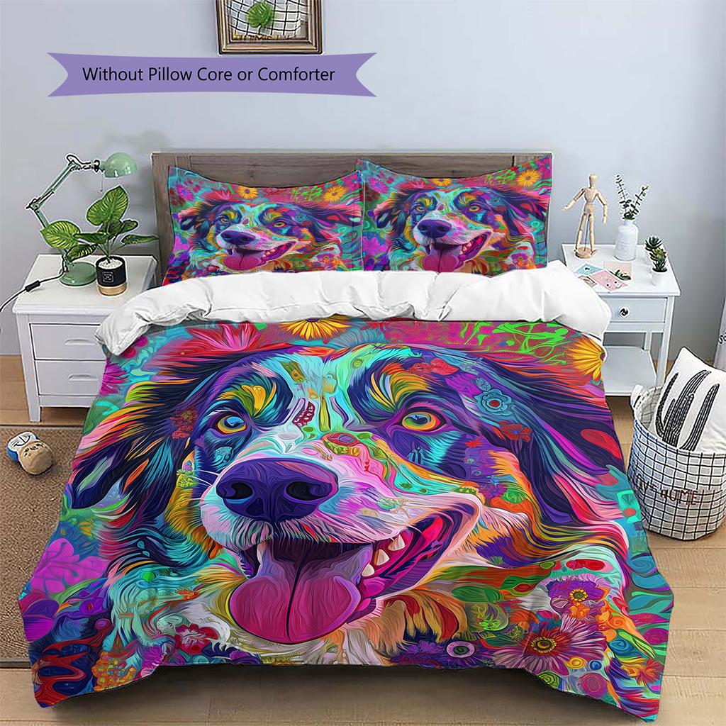Colorful dog Pattern Bedding Quilt Set Quilt Cover Pillowcase Home Decoration Gift (1 * duvet cover + 2 * pillowcase, without core)