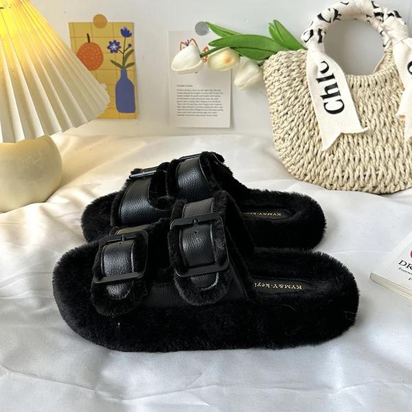Mode Damen Pelz Flip Flops dicker Boden Beflockung Zeit Schuhe Outdoor Hausschuhe Herbst Hausschuhe Römerschuhe Plüschstoff 2024