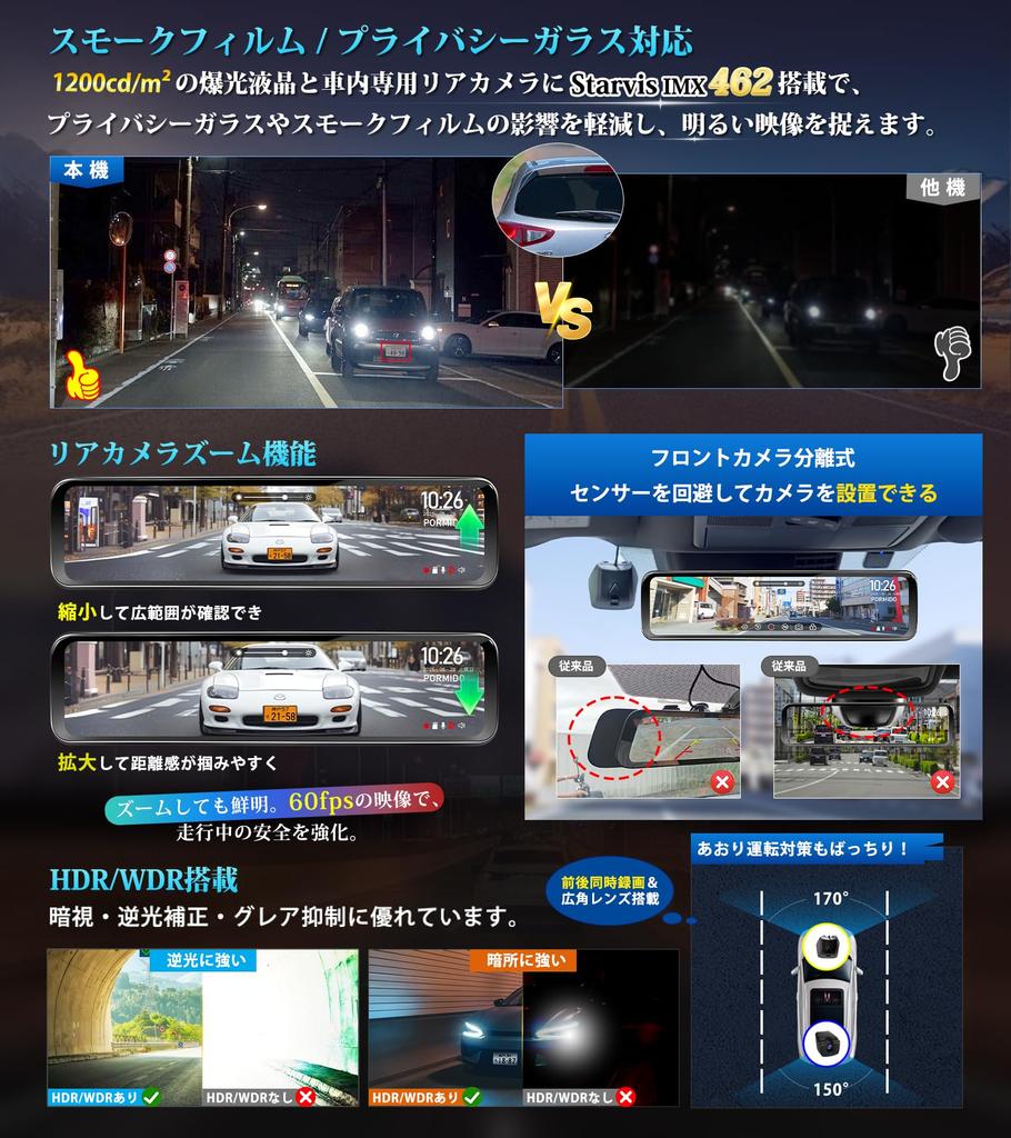 PORMIDOAUTO Dash Cam Specs 60fps Front and Rear Sony IMX462 LCD Automatic Brightness The Ultimate Digital Interior Mirror Hidden Wiring Smooth 60fps