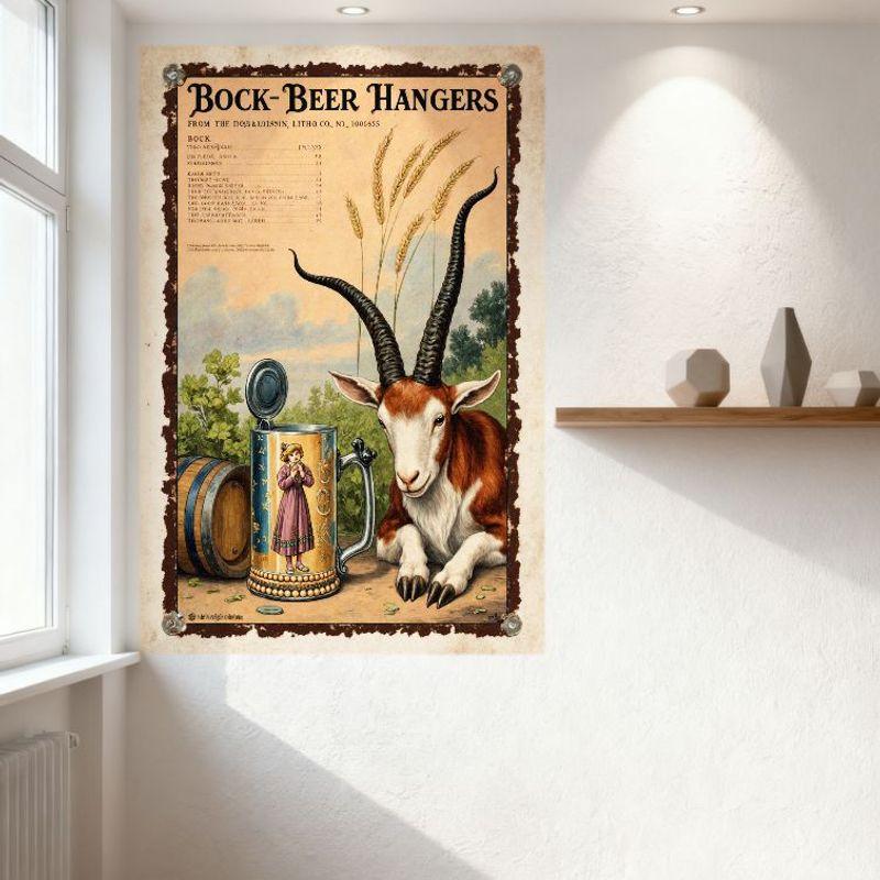 Vintage Bock Beer Hangers Goat & Beer Stein Metal Tin Sign, Distressed Aged Wall Decor for Bar Pub Home Cafe, 8x12 Inch