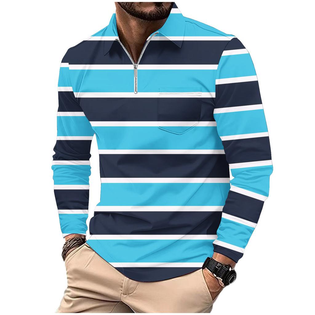 Fashion Polo Shirt Men's Printed Long Sleeve Zip Pocket Sports Polo Shirt Men's Striped Sweatshirt