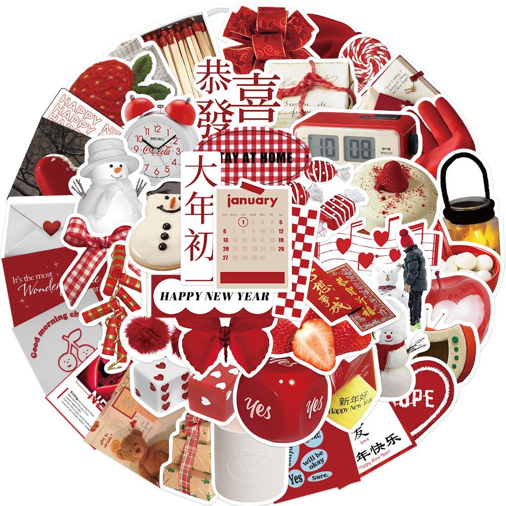 50 Red New Year Hand Account Graffiti Stickers Can Decorate Suitcase DIY Waterproof Stickers Spring Festival Hottest