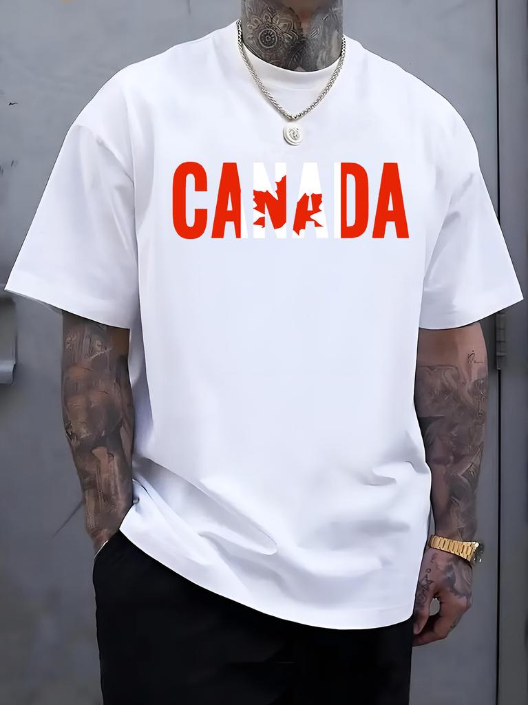 New Unisex Black Crew Neck Tee Bold Canada Letter with Red Maple Leaf Flag Graphic Patriotic Country Pride Soft Cotton Male Tops