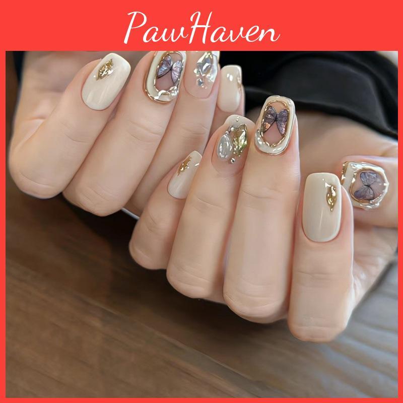 Baroque Butterfly Nail Stickers Pearl-encrusted Short Round Shape Sweet And French Style