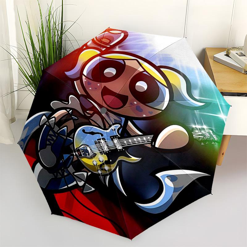 

1pc Powerpuff Girls Guitarist, Automatic Folding Umbrella with 3-Fold Design, Iron Frame, Outdoor Use, Festival Gift for Fans, Travelers, Daily Use, P