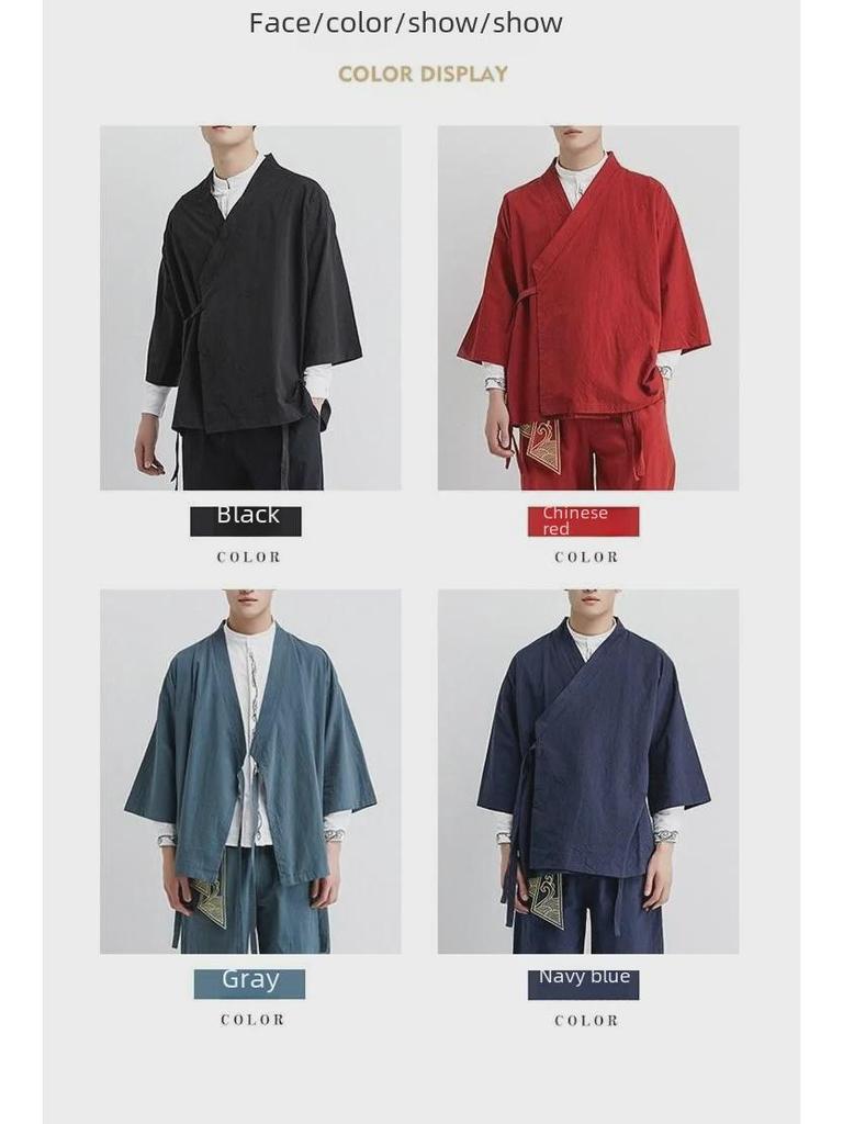 Herren Lockerer Hanfu Cardigan: Altchinesischer buddhistischer & taoistischer Stil mit Dreiviertelärmeln