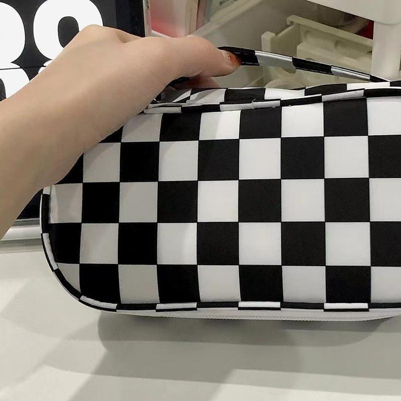 Capacity And Simple Large Black White Plaid Pencil Case Portable Canvas Material Pencil Bag School Office Supplies Stationery