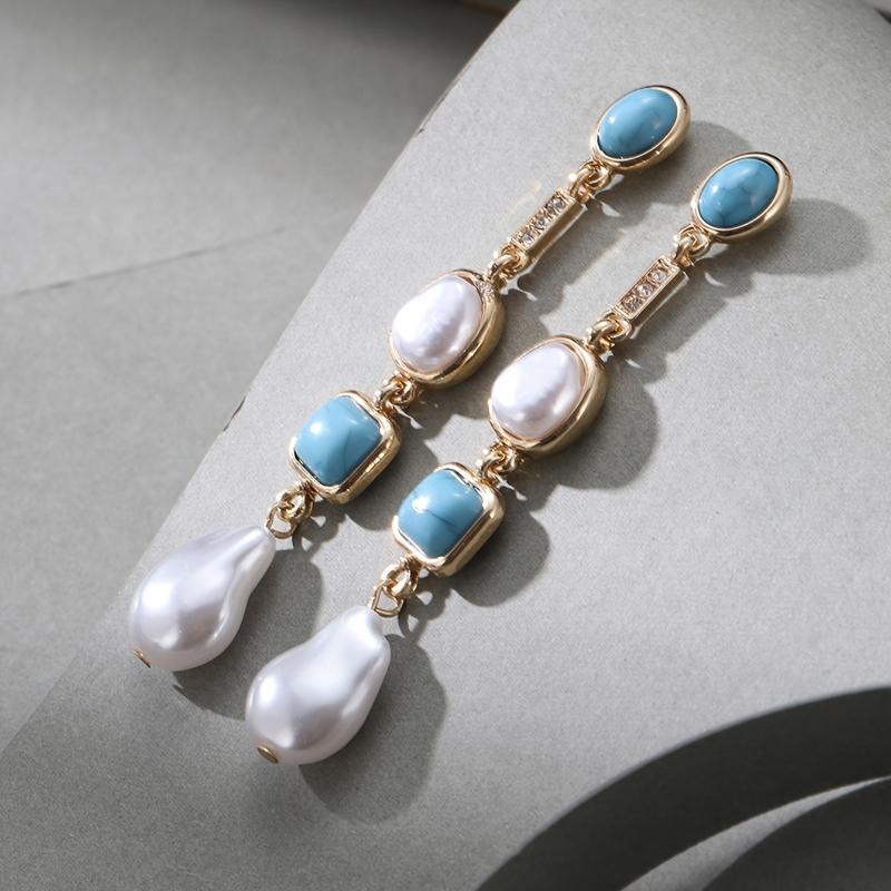 Bohemian Ethnic Style Geometric Imitation Pearl Long Pendant Earrings Ladies Retro Trend Holiday Accessories Gifts