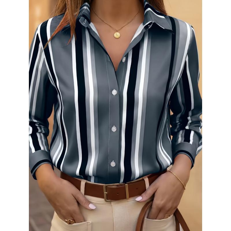 Fashion Women's Contrast Color Vertical Stripe Collared Shirt, Long Sleeve Workplace Daily Commute Elegant Top