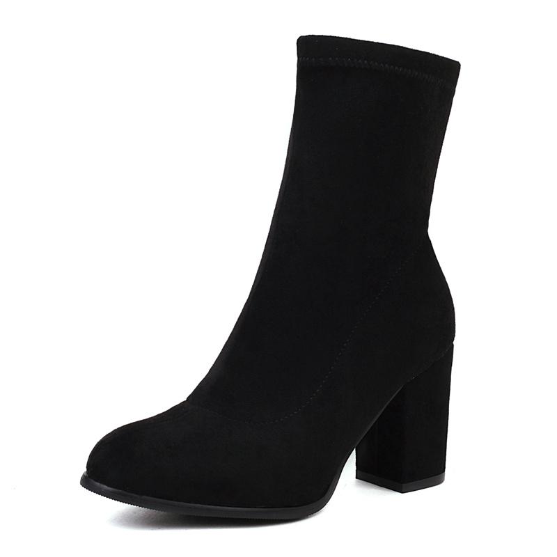 Winter Stretch Flock Ankle Boots Women High Block Heels Party Dress Office Lady Round Toe Slip-on Warm Plush Elastic Sock Boots