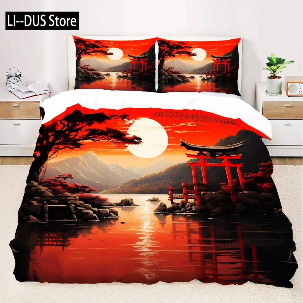 Japanese Landscape Duvet Cover Set For Teens Adults Queen Quilt Covers Lightweight Down 2 Pillowcases 1 Duvet Cover No Comforter