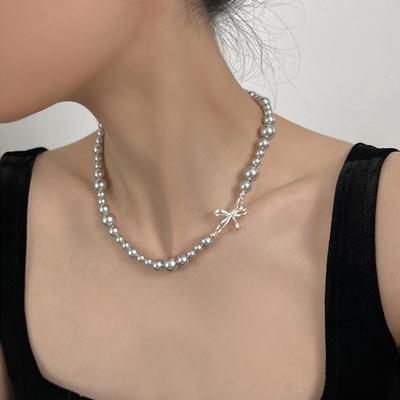 French Retro Bow Gradual Change Size Pearl Necklace Female Niche Design Sense Personality Versatile Neck Chain Collarbone Chain