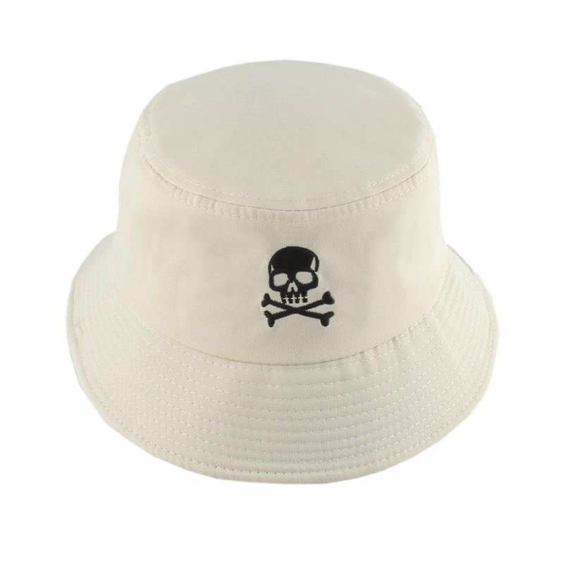 Unisex Skull Embroidery Bucket Hat Cotton Blend Wide Brim Streetwear Cap Winter