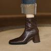 Autumn and winter women's leather boots high heel large size women's boots zipper leather low tube student square head versatile cowhide short boots