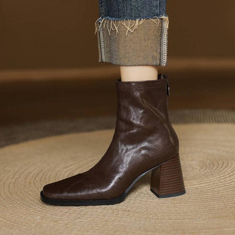 Autumn and winter women's leather boots high heel large size women's boots zipper leather low tube student square head versatile cowhide short boots