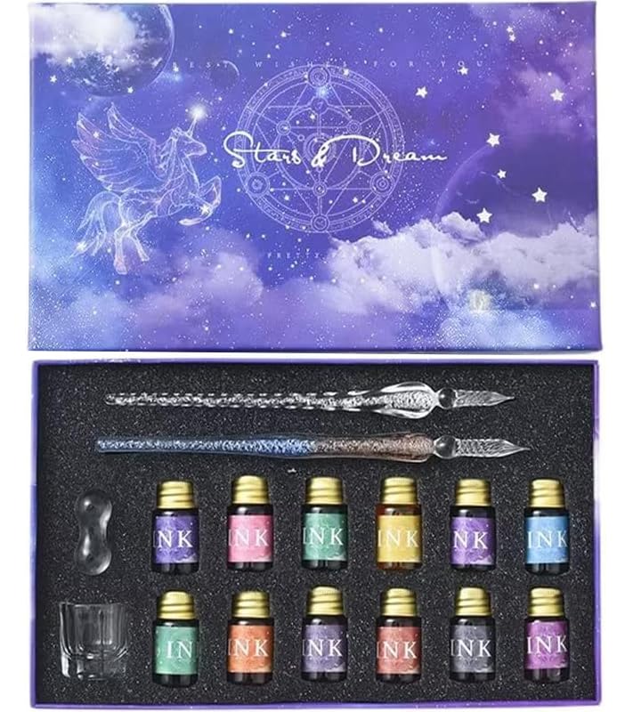 Ducale Glass Pen Set with 12 Ink 2 and Box Starry Sky Rainbow Gradient Glass Dip Pen Ink Set Colors, Pens, - (Sakura Pink) GRS-SPK-SET