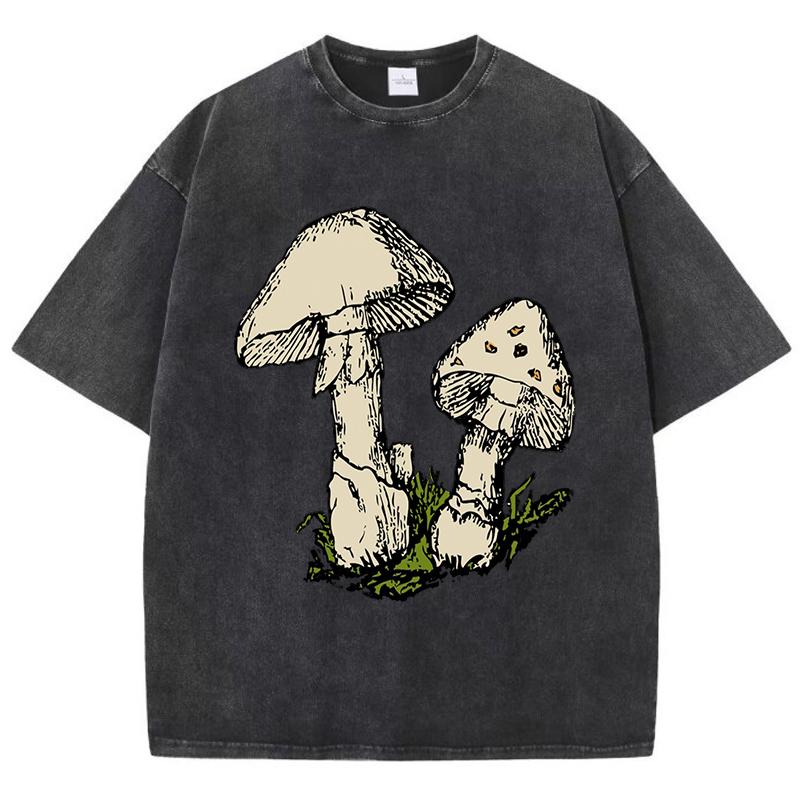 Cartoon Mushrooms Print Womens Washed T Shirt Cotton Y2K T-Shirt Oversized Casual Short Sleeves Summer Streetwear