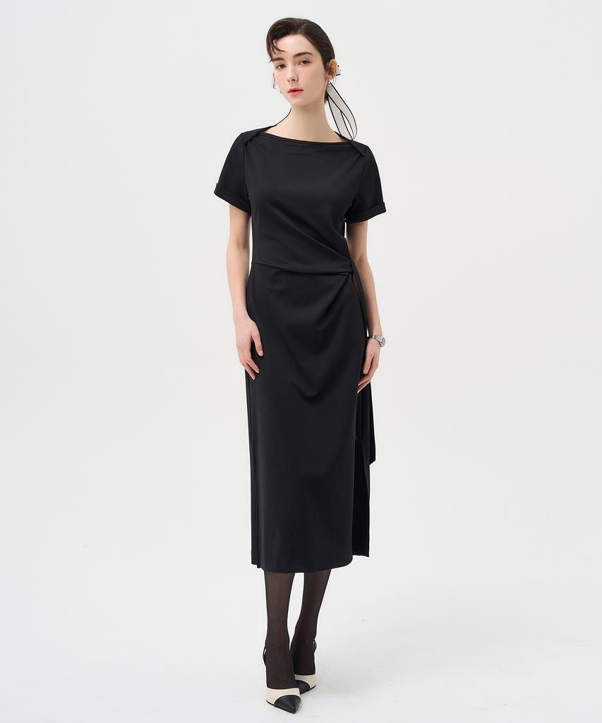 Pelimela Boat Neck Tie H-Line Midi Dress (Black)