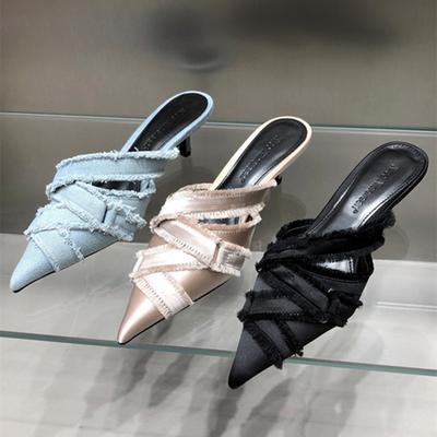 Sandalias de tacón bajo de mezclilla sexys de moda para mujer, sandalias elegantes de verano con punta poco profunda, mulas de striptease, zapatos de tacón alto para mujer