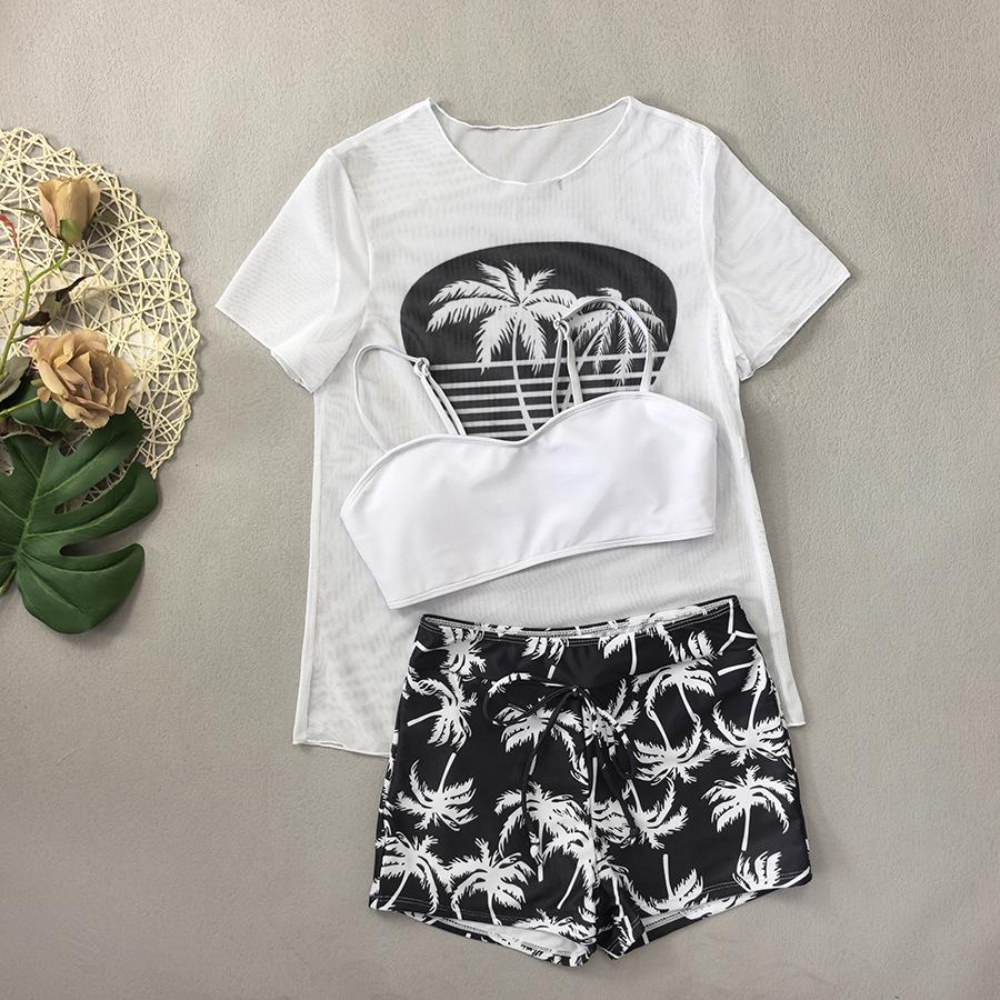 Neuer hochtaillierter Boxershorts Netzbluse Dreiteiler Kokospalmenmuster Schlanker Damenbadeanzug