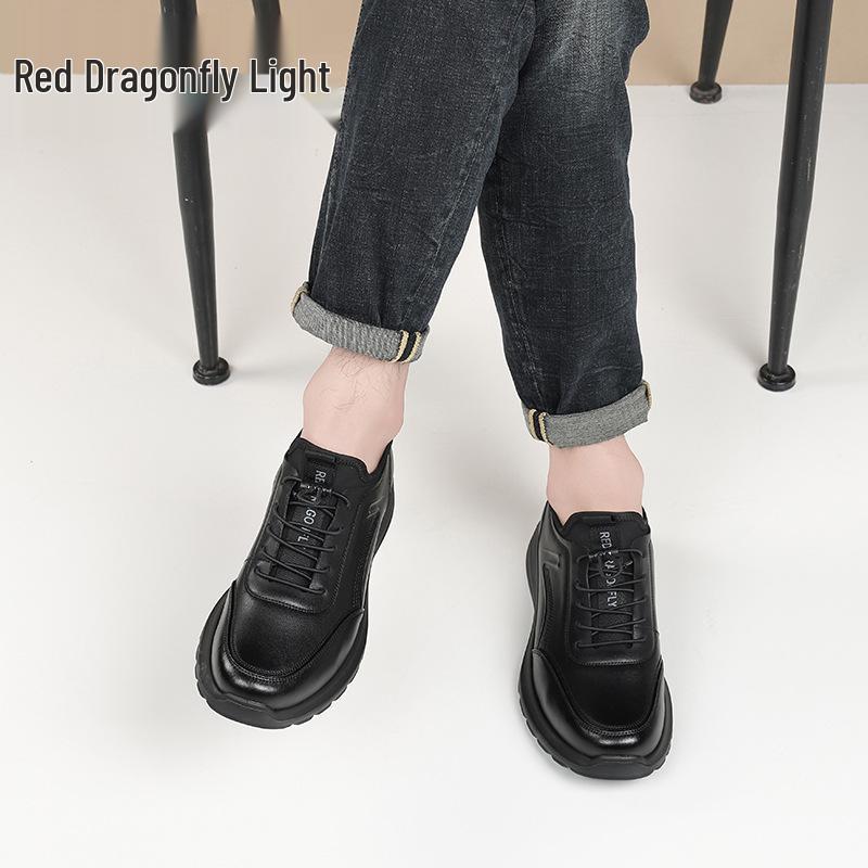Red Dragonfly Men's Black Leather Waterproof Non-slip Lace-up Sports Shoes for Spring & Autumn - Comfortable and Stylish for Travel.