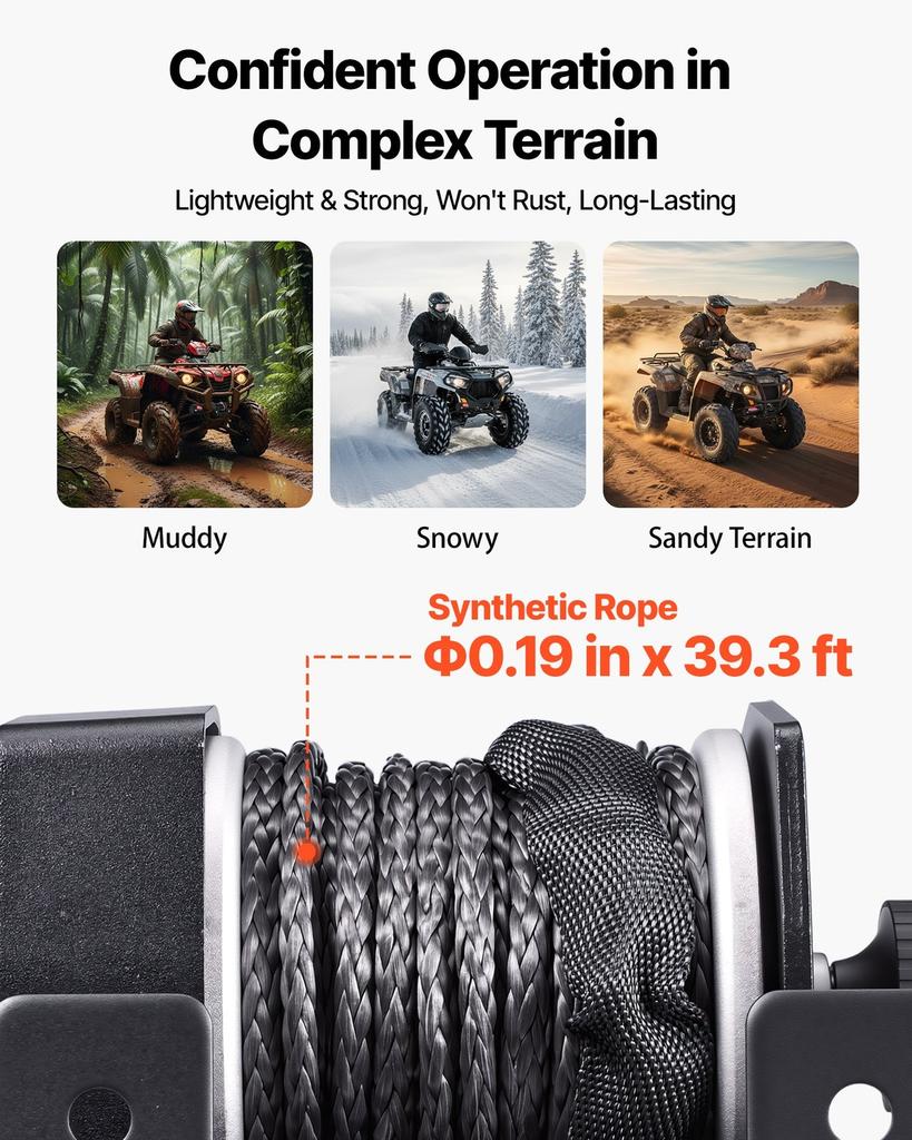 Wciągarka elektryczna 1134 kg, Wciągarka 12V DC do ATV/UTV z liną syntetyczną 4,8 mm x 12 m i przewodowym pilotem zdalnego sterowania, Wodoodporność IP55, Rolka prowadząca z aluminiową obudową