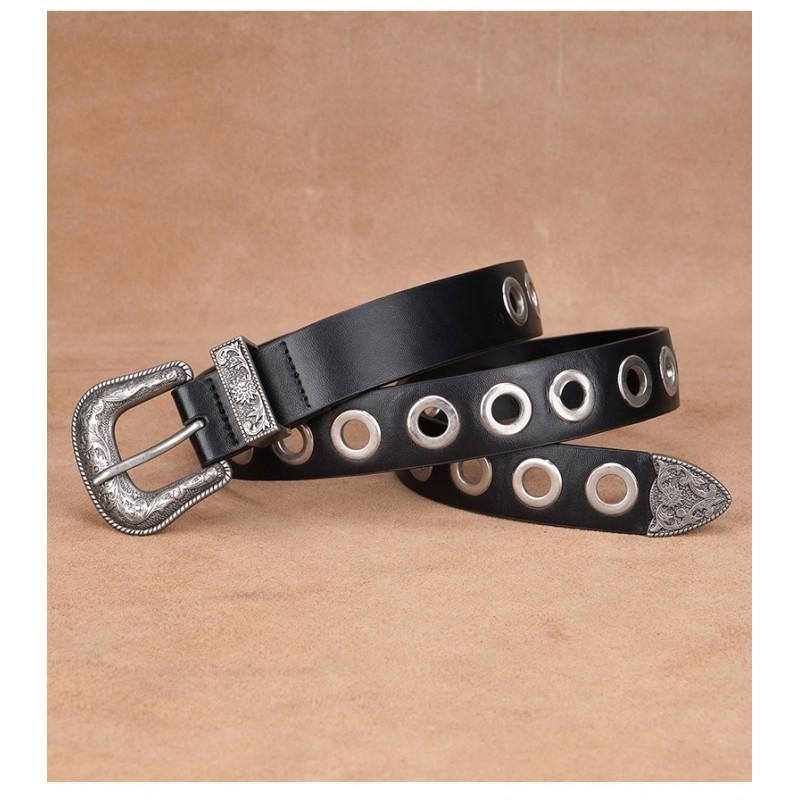 Womens Black Genuine Leather Belt With Carved Buckle Hollow Design Y2K Retro Punk Style No-Hole Waistband Jeans
