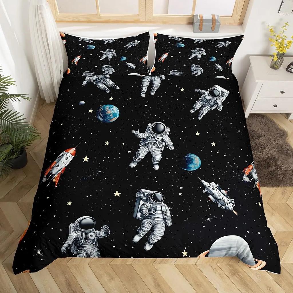 Astronaut Duvet Cover Set Cartoon Space Astronaut Decor Bedding Set Soft Breathable Comforter Cover With Pillowcase With Zipper