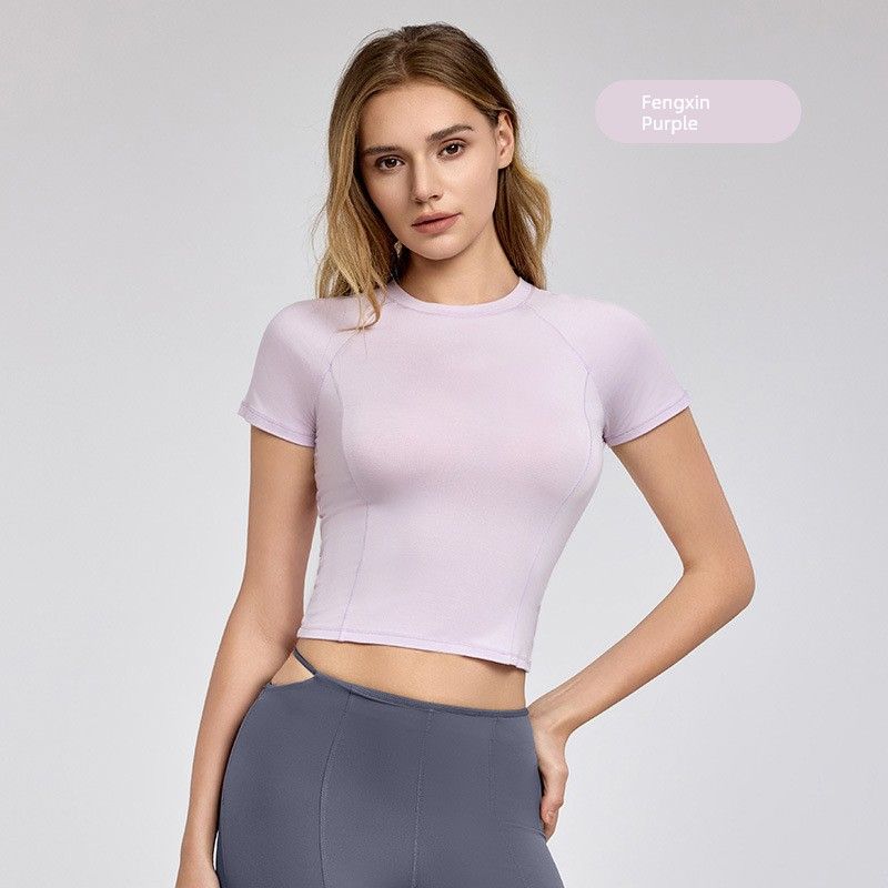 

2025 Short Crop Top Sports Tops Women s Fitness Pure Color Sports T-Shirt Back Thin Yoga Wear Short Sleeve Quick-Drying Wind letter purple XL