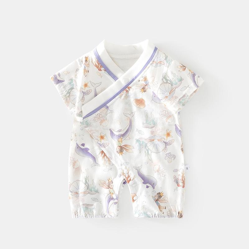 

Комбинезон с короткими рукавами для новорожденных, летний ультратонкий хлопковый комбинезон с V-образным вырезом для малышей, боди с мультяшным принтом для детей от 0 до 12 месяцев 80(9-12M) фиолетовый