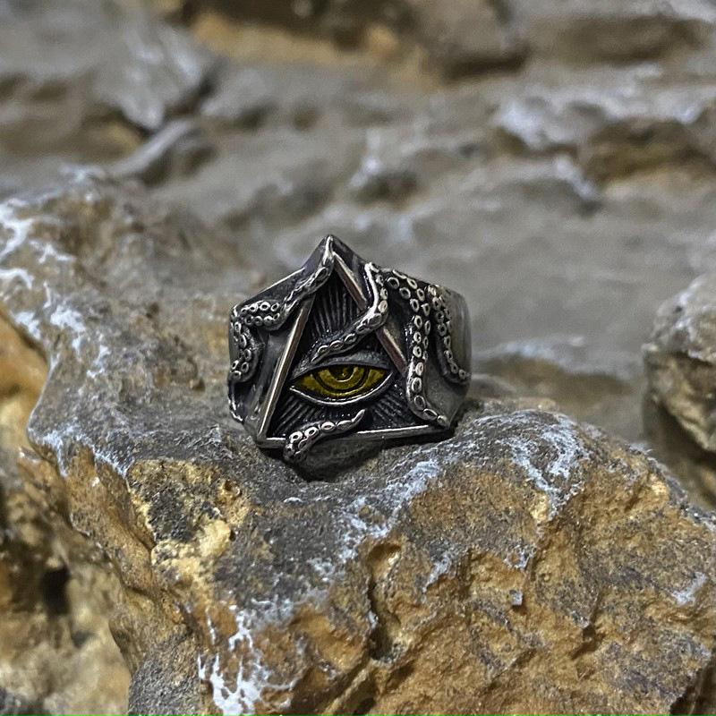 Retro Golden Eye of Providence Large Ring For Men Cthulhu Octopus Punk Gothic Ring Handmade Zircon Biker Accessories Man Gift