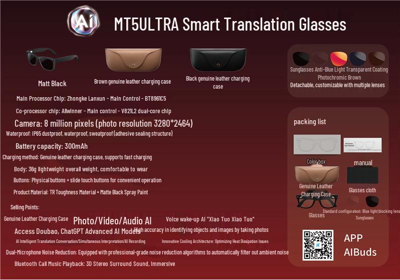 Occhiali Smart MT5 Ultra con Fotocamera da 800W Pixel, Riconoscimento Fotografico AI e Chiamate Bluetooth.