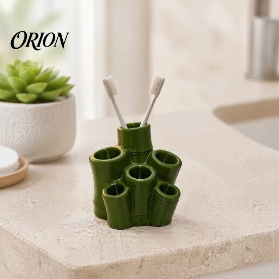 Small Bathroom Organizer Toothbrush Holder, Green Bamboo Shape, 6 Slot Storage Rack Organizer, for Countertop Razors And Makeup Brush Family