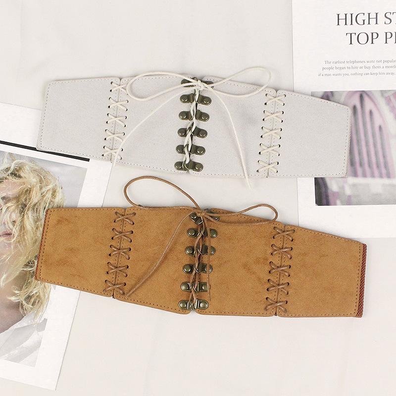 Vintage Suede Lace-Up Waistband Women Woven Decorative Wide Elastic Belt For Dress All-Match Fashion Accessories