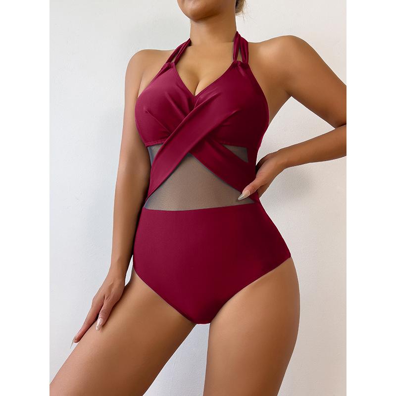 Women’s Sexy Mesh Monokini Bathing Suit One-Piece Bikini Swimsuit, Solid Color Halter Backless Swimwear