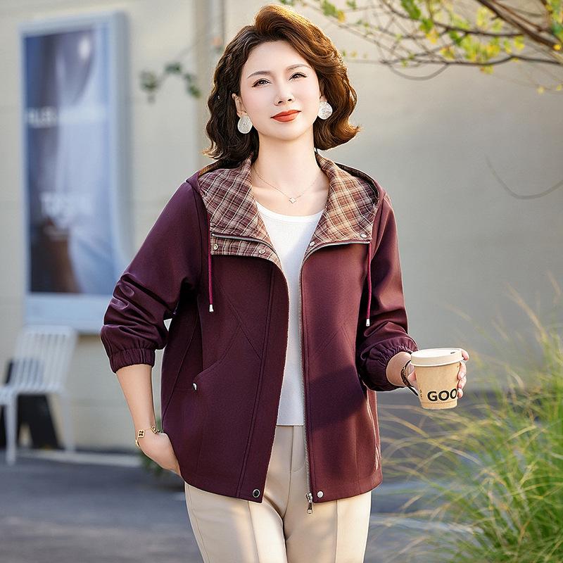 

Stylish Plaid Hooded Jacket for Middle-Aged Women - Age-Reducing Spring Fashion XL for 90-105 Jin вина червоного кольору