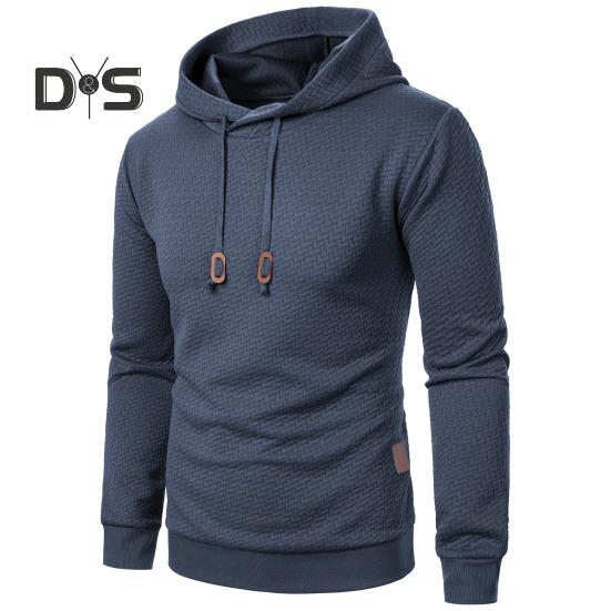 Men Fall Winter Hoodie Solid Color Drawstring Long Sleeves Jacquard Design Hooded Elastic Cuff And Hem Thin Daily Wear Casual Sport Top
