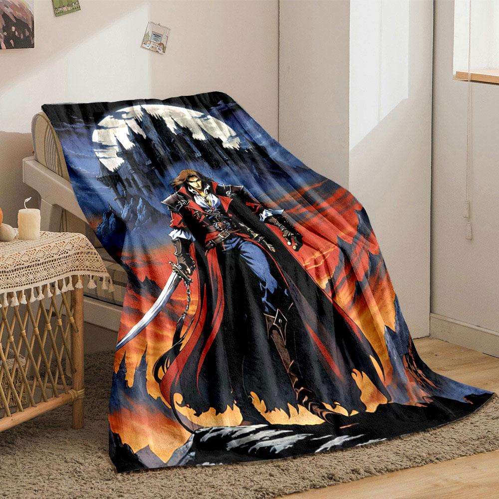 A Heroic Figure In Red and Blue Stands Before a Dark Castle and Full Moon. for All Seasons Blanket Lunch Break Throw Gift