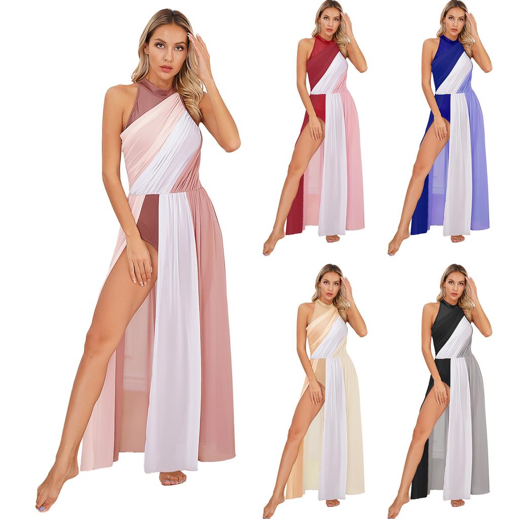 Damen Ballettkleid Neckholder Eiskunstlaufkleid mit asymmetrischem Rock Gesellschaftstanzkostüm Modernes lyrisches Tanzkleid