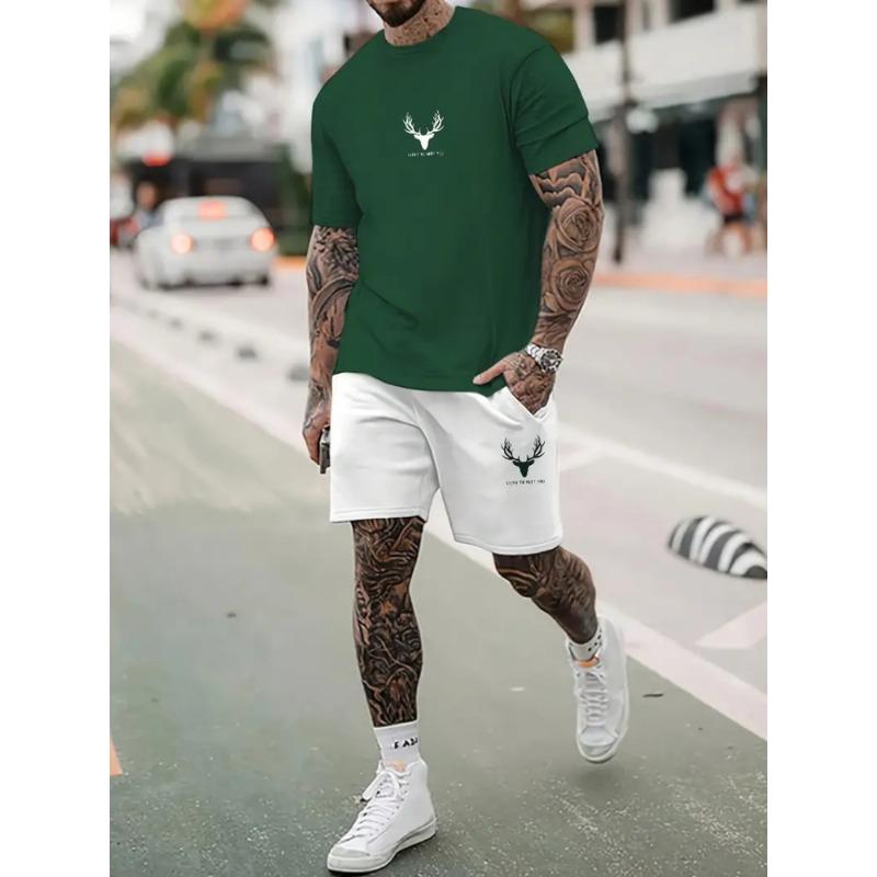 3D Wolf Print Blue Base Summer Men Short Sleeve Suit Short Sleeve Shorts 2 Pieces Casual Fashion Street Clothing