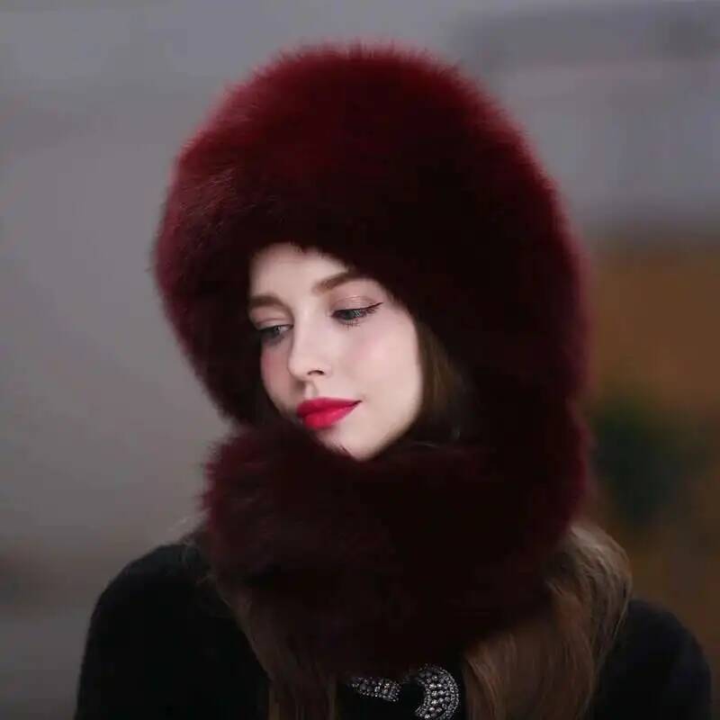 Fox Fur Hat Women Winter Scarf Hat Warm Ear Protection Cap Female Outdoor Thick Warm Fur Hats Russians Fashion Fluffy Fur Hat