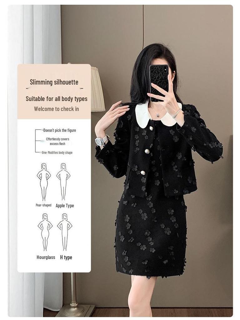 Autumn Black Socialite Style Two-Piece Petal Dress: Chic & Fashionable High-End Short Set