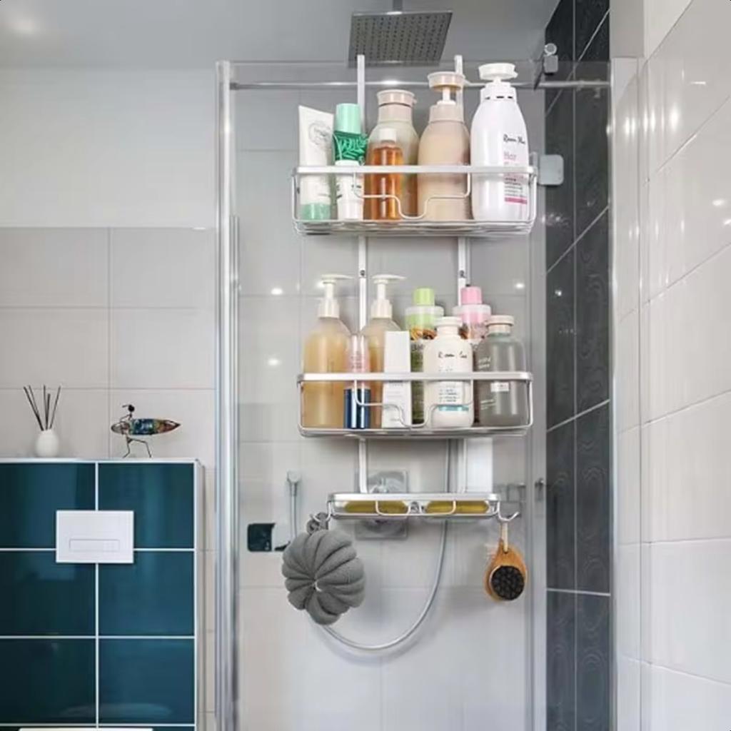 Wieszany Organizer Prysznicowy na Drzwi, 3-poziomowa Półka Wisząca do Prysznica Łazienkowa, Aluminiowy Stojak Prysznicowy z Haczykiem i Mydelniczką