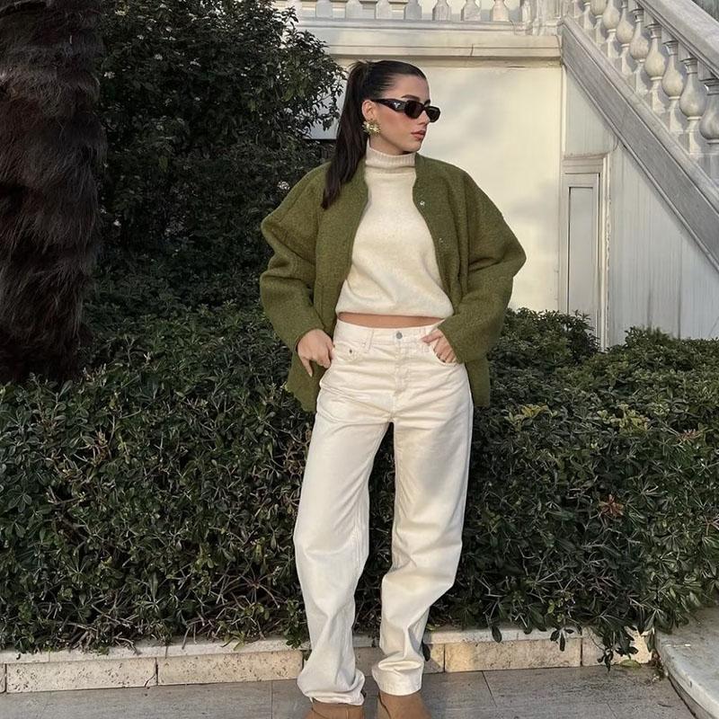 Women Fashion Vintage Pockets Woolen Jacket Autumn Casual Solid Long Sleeve Coat Snap Button Loose Outerwear