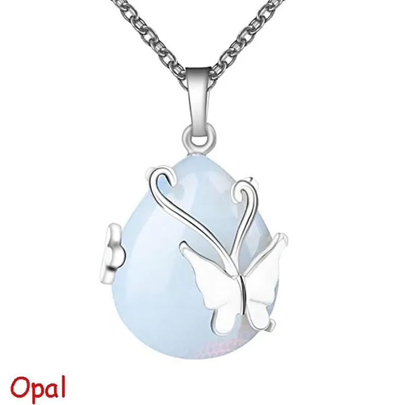 Vintage Wire Wrap Butterfly Gemstone Amethyst Opalite Healing Crystal Pendant Necklace
